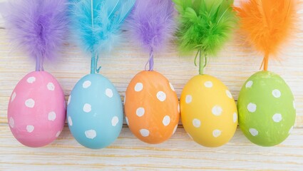 Six colorful polka dot Easter eggs in a row on a surface.