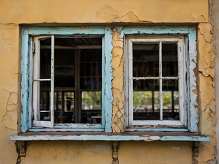Obraz premium Rustic Window's Tale: Weathered window framed by faded turquoise trim, its aged paint peeling to reveal the passage of time. A window offers a glimpse into a realm of architectural charm.