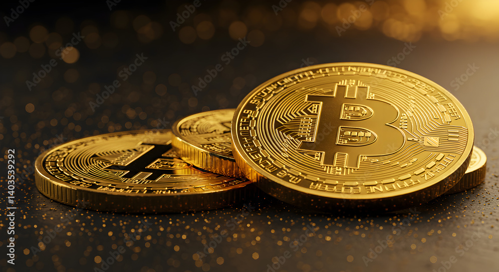 Poster close up of golden bitcoin coins with shimmering bokeh background showcasing digital cryptocurrency
