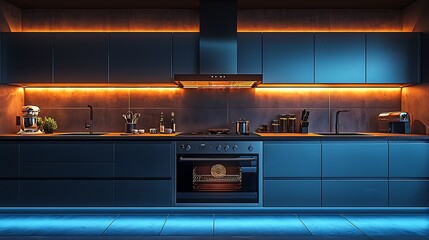 Ultra-modern kitchen illuminated with under cabinet lights high resolution picture
