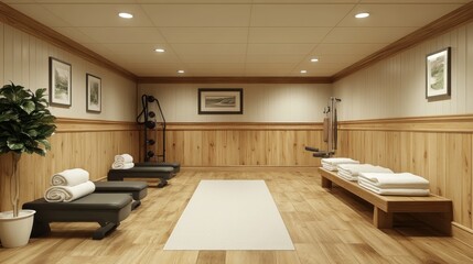 Serene Fitness Room: Wooden Walls, Modern Equipment, and a Calming Atmosphere