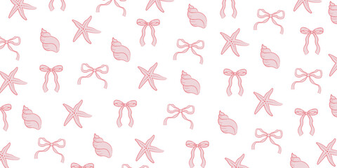 Coquette summer seamless pattern with pink bows, shells, and starfish for backgrounds, presentations, wrapping papers, prints, artworks. Vector illustration	
