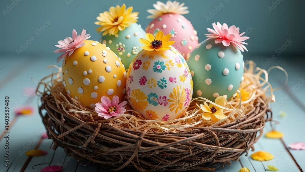 Poster a basket filled with colorful easter eggs, each adorned with floral patterns and topped with flower 