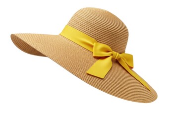 Summer straw hat with yellow ribbon fashion accessory style isolated on white background