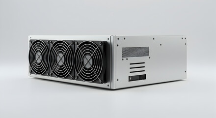 Obraz premium Close Up of a White Cryptocurrency Miner with Three Black Cooling Fans on Light Grey Background