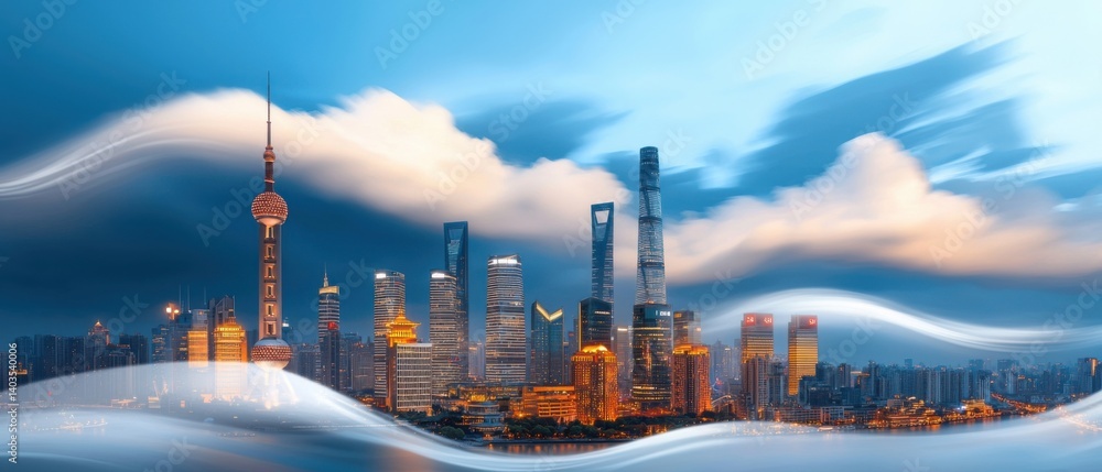 Poster a visually striking futuristic cityscape where glowing, digital waves flow through the modern, archi