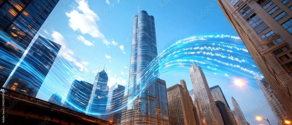 Poster a futuristic and innovative cityscape where digital waves and technology-inspired elements converge 