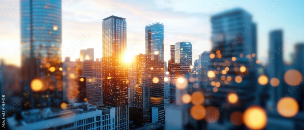Poster digital visualization of an abstract network system overlaying a modern, futuristic cityscape with s
