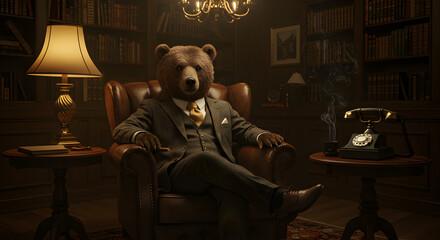 Anthropomorphic Bear Dressed in Suit Sitting in Armchair in Dark Library with Bookshelves and Warm Lighting