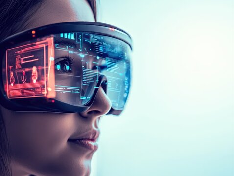 Startup Culture Concept, Futuristic woman wearing augmented reality glasses with digital interface.