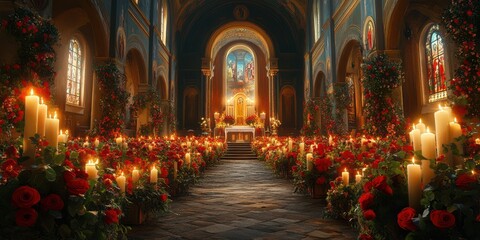 Obraz premium Candlelit ceremony with floral decorations in a historic church during a festive occasion