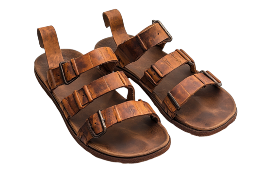 Rustic brown leather sandals three straps worn look dark background handcrafted comfortable footwear