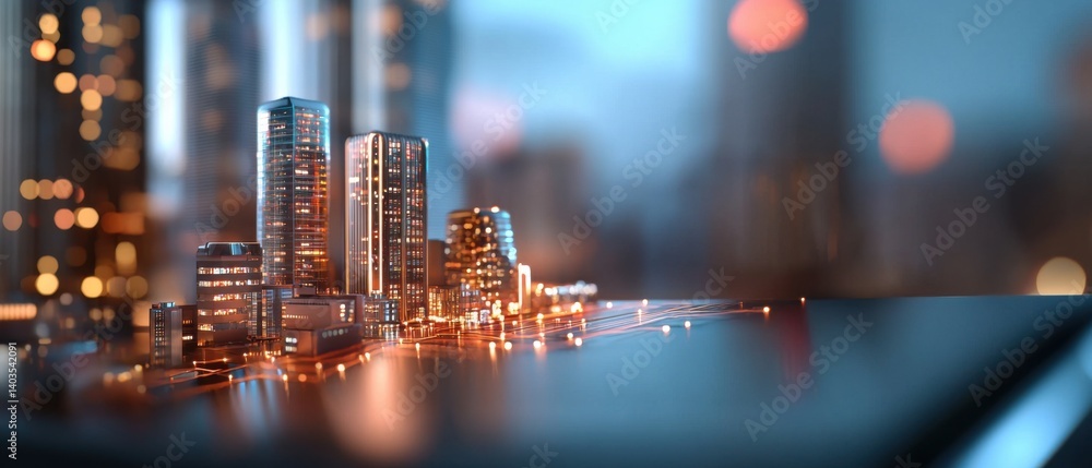 Poster conceptual of a high-tech, futuristic city with a vibrant skyline of glowing, interconnected data in