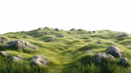 Obraz premium Rolling grassy hillscape with rocks, sunny day, background white, nature scene