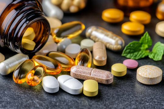 Colorful vitamins and supplements scattered around a wooden surface in a daily health routine context