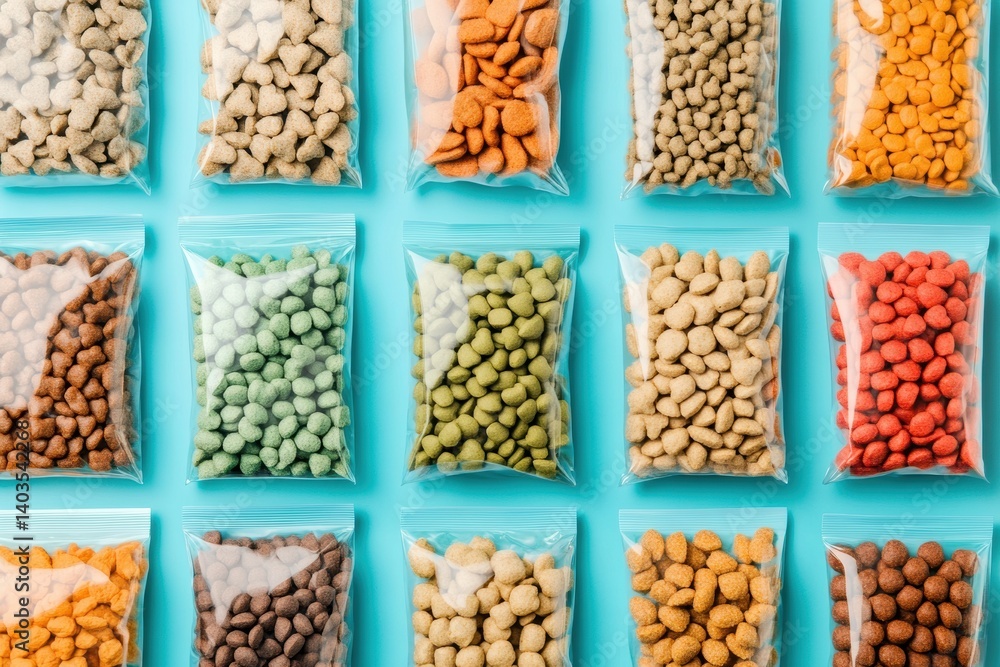 Poster innovative packaging design mockups for colorful dry and wet pet food displayed in rows on a flat su