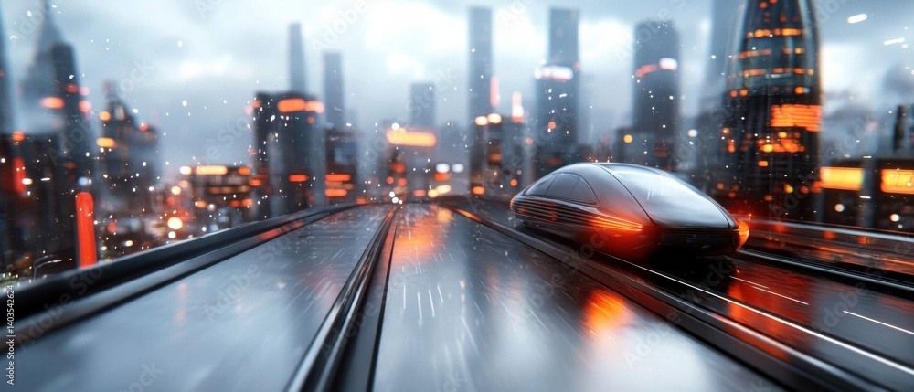 Poster glowing holographic network system overlaying a futuristic cityscape with illuminated skyscrapers an