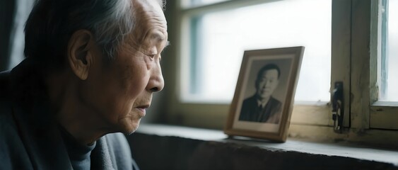 Fototapeta premium The elderly's contemplation on photos represents the concept of remembrance, longing, and emotional reminiscence, as well as symptoms of dementia. It is suitable for promoting themes related to commem