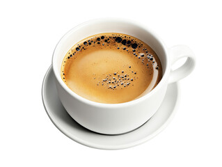 Steaming hot cup of coffee on a wooden table surrounded by cozy elements creating a warm atmosphere isolated on a white background.