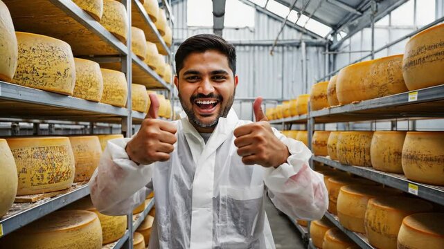 A smiling man in protective clothing gives two thumbs up in a cheese aging room filled with large cheese heads on shelves.