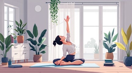Young woman standing indoors by a window, smiling while doing a healthy yoga stretching exercise for fitness, international yoga day, yoga day concept