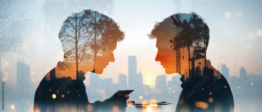 Poster double exposure image depicting a team of engineers working together in a high-tech workspace, focus