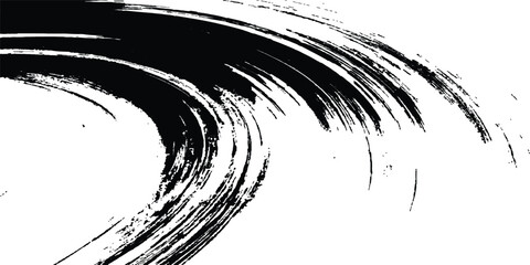 A stroke of black paint on a white background. Black brush stroke on transparent white background. A long, hand-drawn paintbrush stripe in dirty black ink, isolated on a rough, distressed background. 