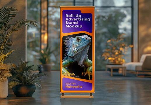 Vibrant Roll-Up Stand Mockup Featuring Iguana Artwork &mdash; Realistic Indoor Advertising Banner for Product or Event Promotion