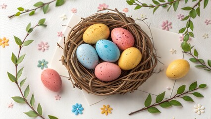 Easter eggs in a colorful nest and basket for spring celebration