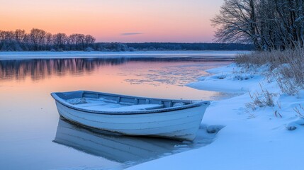 Obraz premium Serene Winter Sunrise: A Solitary Boat on a Frozen River
