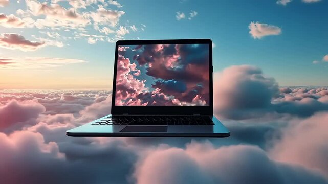 A laptop floating among colorful clouds at sunset, symbolizing creativity and innovation
