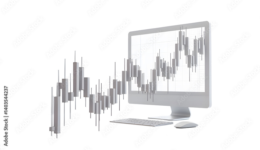 Aufkleber 3d rendering of a forex candlestick chart extending beyond a computer screen on a white background, 