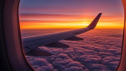 Airplane flying high above glowing clouds at sunset, offering a cinematic view of the skies and the excitement of global aviation. - 1
