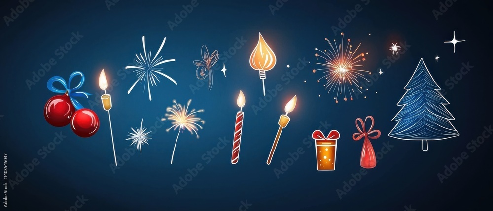 Poster vibrant and dynamic festival fireworks and multicolored sparkles in a creative line icon design, rep