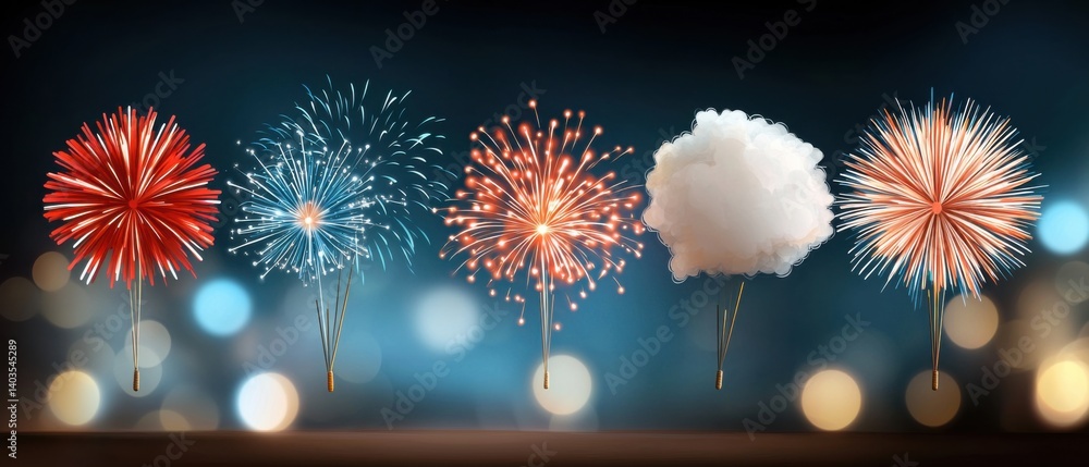 Poster vibrant and dynamic display of elegant hand-drawn firework bursts and glowing colorful sparkles in t