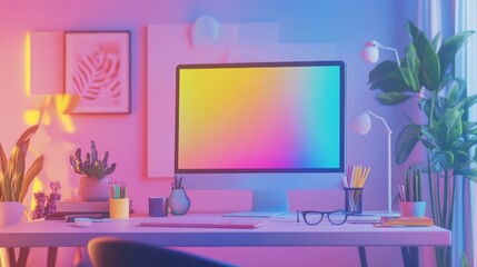 Colorful desktop mockup, home office, vibrant lighting, plants, website design
