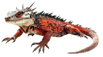 Red-headed Iguana: A close-up portrait of a vibrant red-headed iguana with striking black and white markings, showcasing its intricate scales and reptilian charm.