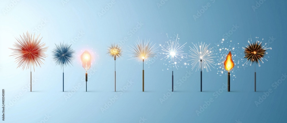 Poster vibrant and dynamic firework starburst icons with elegant line strokes in a design
