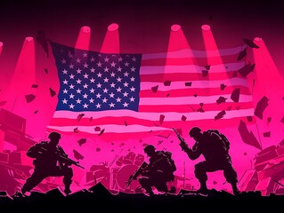 Soldiers with US Flag, War, and Ruins.