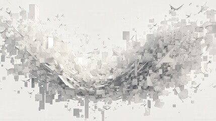 Abstract composition of fragmented shapes in a clean, bright white aesthetic