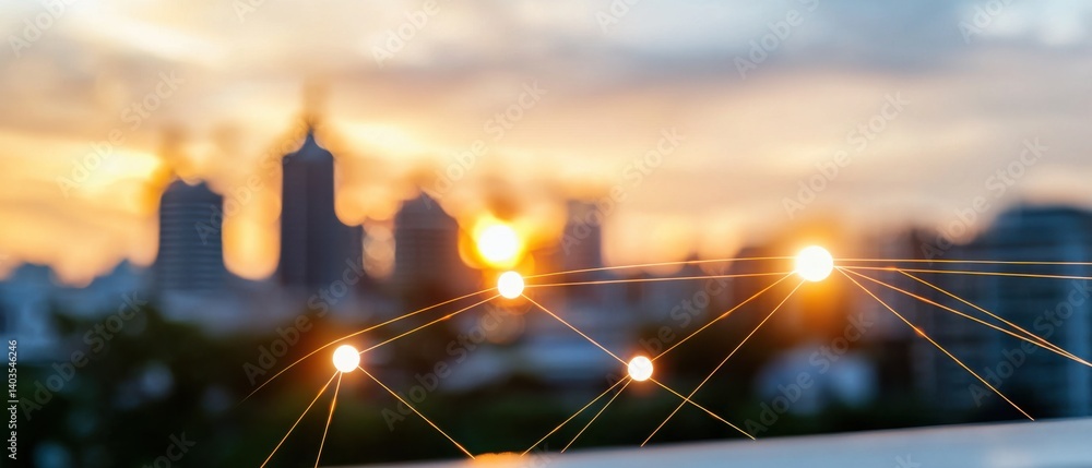 Poster impressively detailed futuristic city skyline with networking and communication infrastructure, show