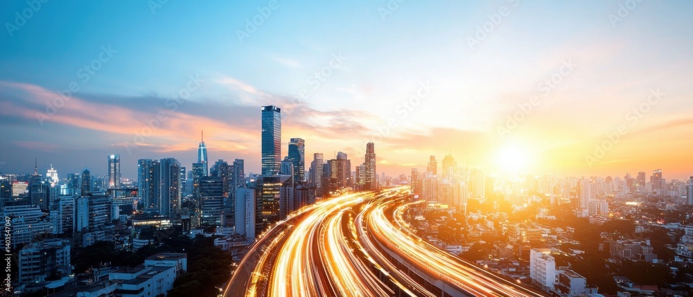 Poster a high-tech, interconnected city skyline with towering skyscrapers and a complex network of digital 