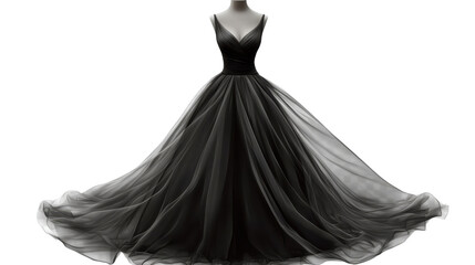 Naklejka premium Black Ball Gown on Mannequin: Elegant black ball gown with v-neckline and tulle skirt, displayed on a mannequin. Perfect for fashion, design, or special event themes.