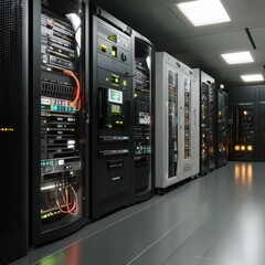 High-tech server room with blinking lights and humming servers - Power center Data