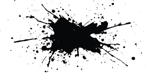 Naklejka premium Black ink splatter isolated on transparent background. black ink Splatter, black paint, ink brush strokes, brushes, lines, grungy. Dirty artistic design elements, 