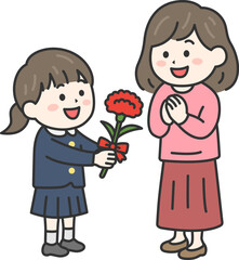 母の日に、カーネーションを母親にプレゼントする、小学生の女の子（線画カラー）のイラスト
