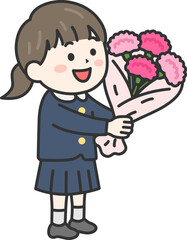 母の日に、カーネーションの花束をプレゼントする、小学生の女の子（線画カラー）のイラスト