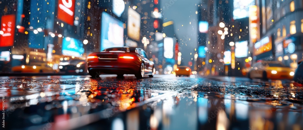 Poster towering skyscrapers, illuminated by a dazzling array of lights, create a captivating, high-tech cit