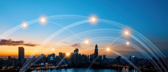 Fototapeta premium A digitally rendered image depicting a futuristic cityscape with intricate wireframe structures, vibrant colors, and glowing data networks.