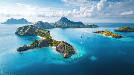 Tropical islands aerial view, boats, ocean, sunshine, clouds, paradise, travel, brochure